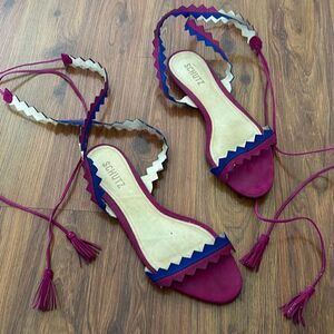 Schutz fuchsia and navy flat suede sandals with tassel lace up 8